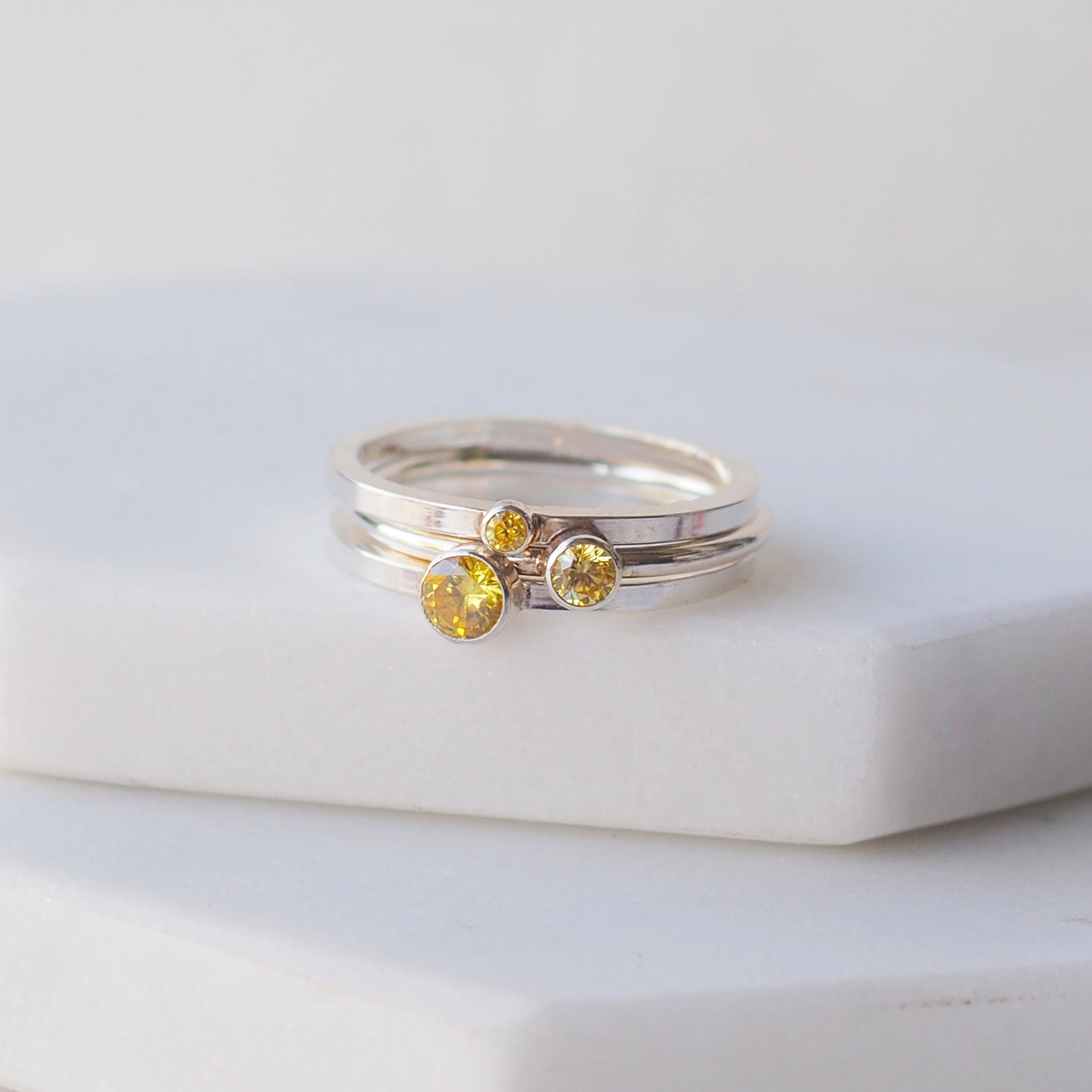 Set of three cubic zirconia rings in varying sizes handmade by maram jewellery in Scotland