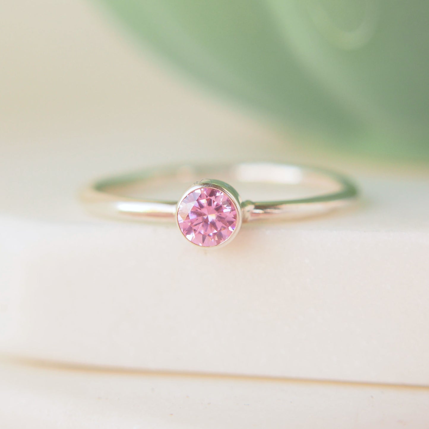 Tourmaline Pink Silver Ring - 4mm Cubic Zirconia Gemstone