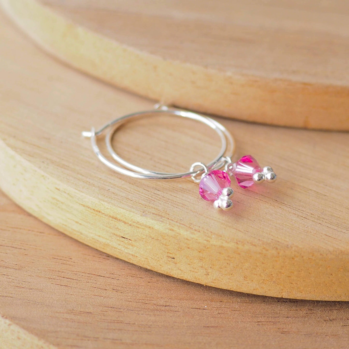 Silver Dropper Hoops - Light Pink Crystal