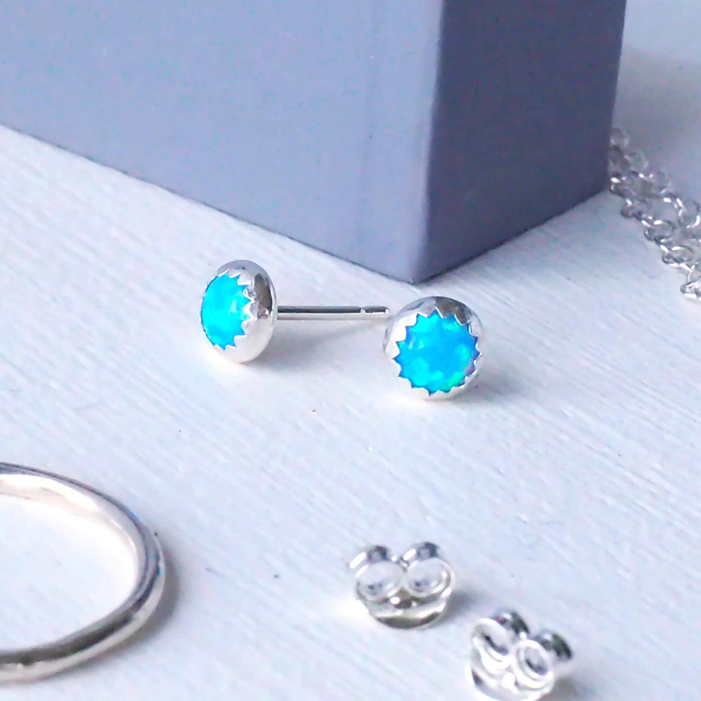 Blue Opal Round gemstone earrings, birthstone for October. Handmade in Scotland by maram jewellery