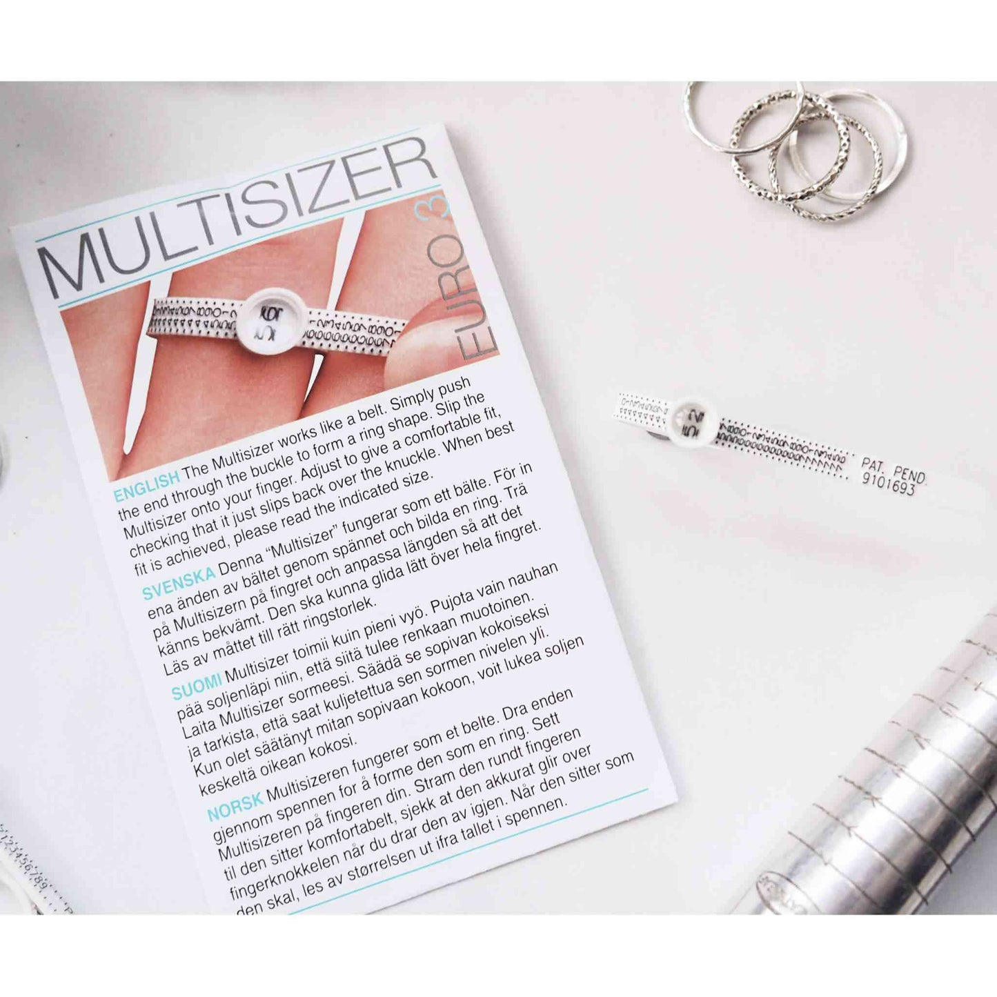 European Ring Sizer, a reusable finger measure with small magnifier to help work out your ring size in the European scales. This uses numbers between 40-76, and is the scale used by European brands such as Swarovski and Pandora