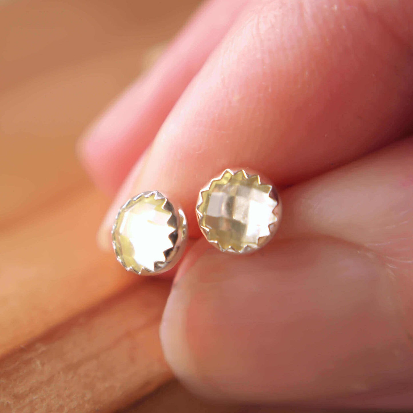 Lemon Yellow Quartz simple Silver and gemstone earrings in a simple sterling silver setting, handmade by maram jewellery in Edinburgh Scotland UK
