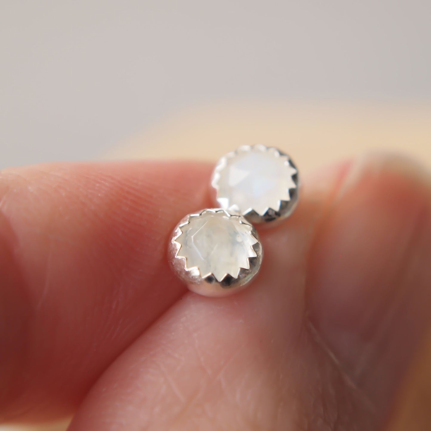 White moonstone simple Silver and gemstone earrings in a simple sterling silver setting, Birthstone for June handmade by maram jewellery in Edinburgh Scotland UK