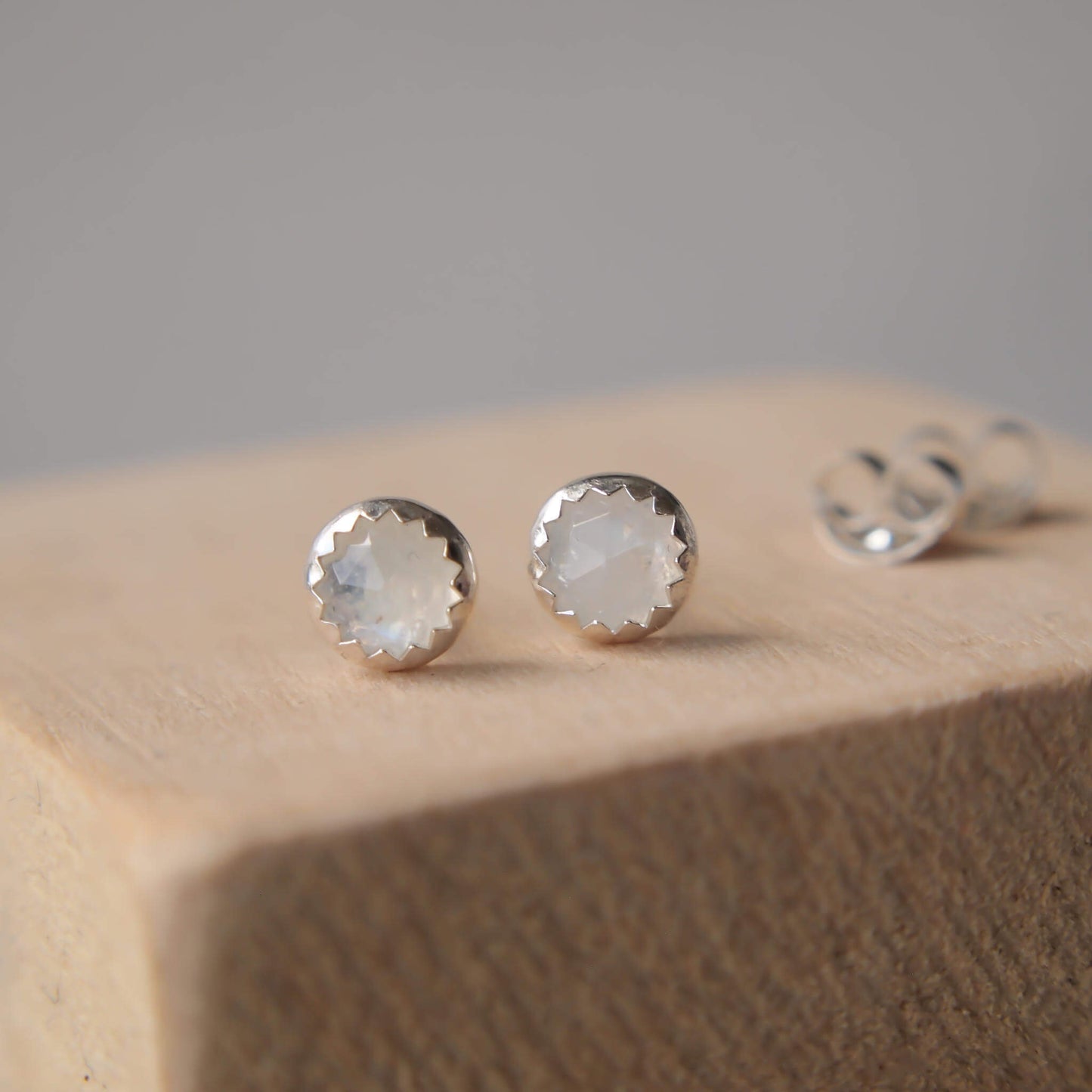 White moonstone simple Silver and gemstone earrings in a simple sterling silver setting, Birthstone for June handmade by maram jewellery in Edinburgh Scotland UK