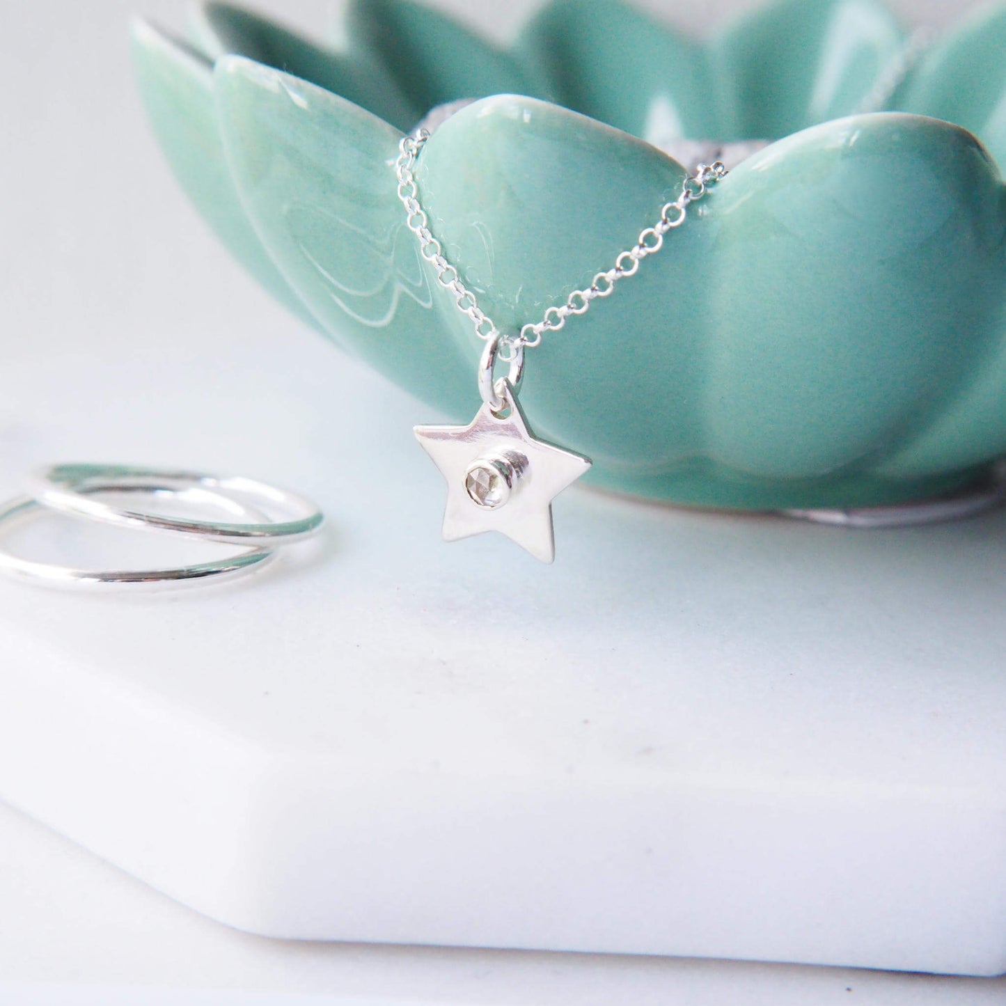 Star Charm Necklace with White Topaz - April Birthstone