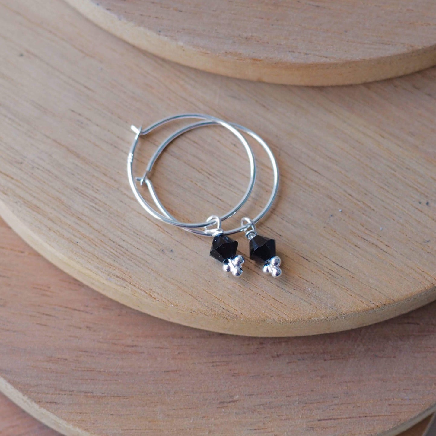 Silver Dropper Hoops - Black Crystal