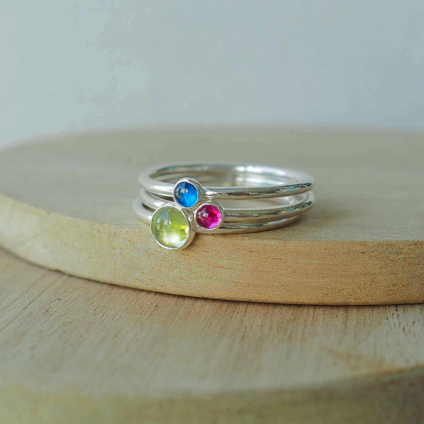 Peridot Lab Sapphire and Lab Ruby three ring set. Handmade by maramjewellery