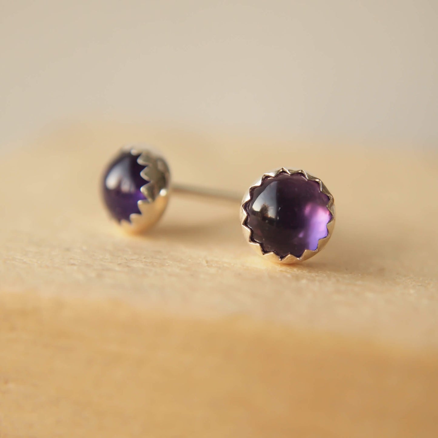 Purple Amethyst simple Silver and gemstone earrings. February Birthstones with a deep purple amethyst and a simple sterling silver setting, handmade by maram jewellery in Edinburgh Scotland UK