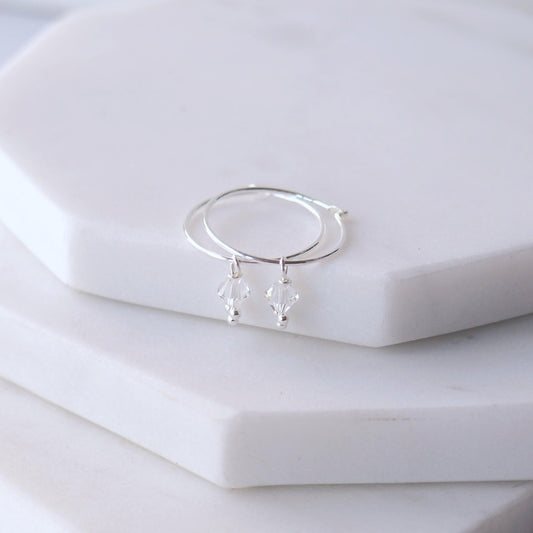 Birthstone Hoops with April clear diamond Crystal droppers. Simple boho style for all ages. Made in Scotland by maram jewellery