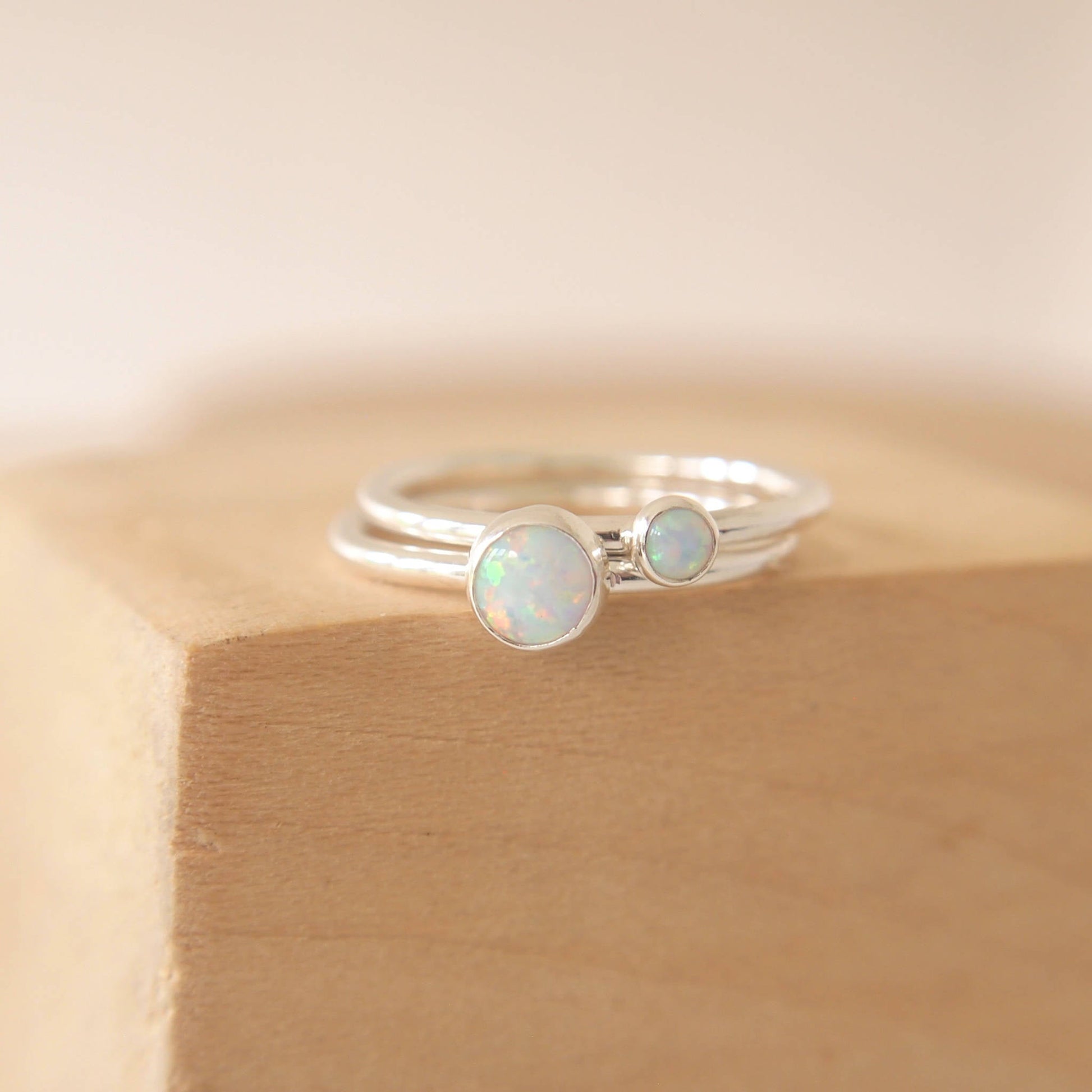 Opal ring set with two rings and two sizes of Opal. Hand made in Scotland by maram jewellery