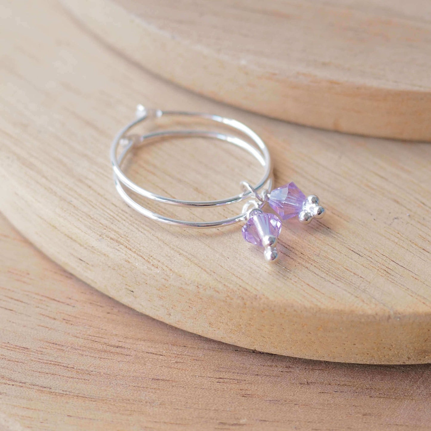 Silver Dropper Hoops - Light Purple Crystal