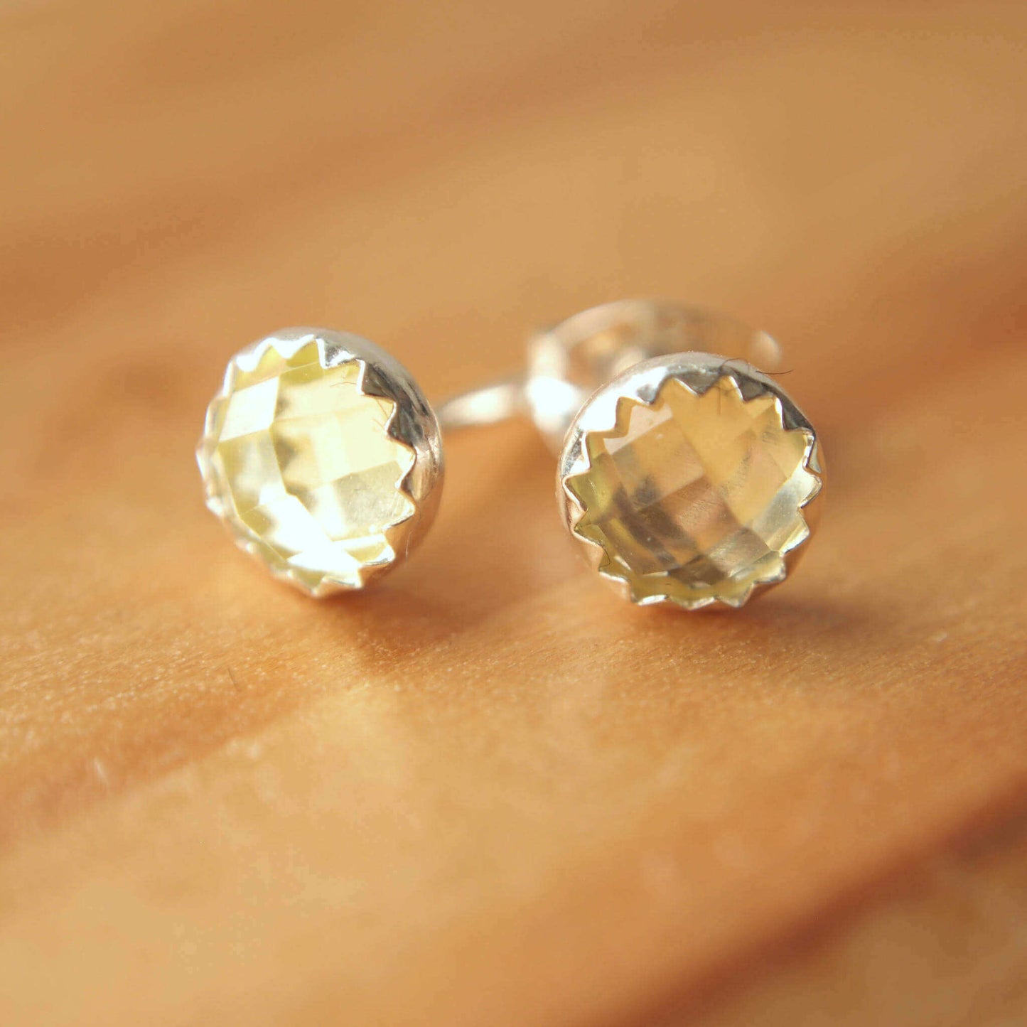 Lemon Yellow Quartz simple Silver and gemstone earrings in a simple sterling silver setting, handmade by maram jewellery in Edinburgh Scotland UK