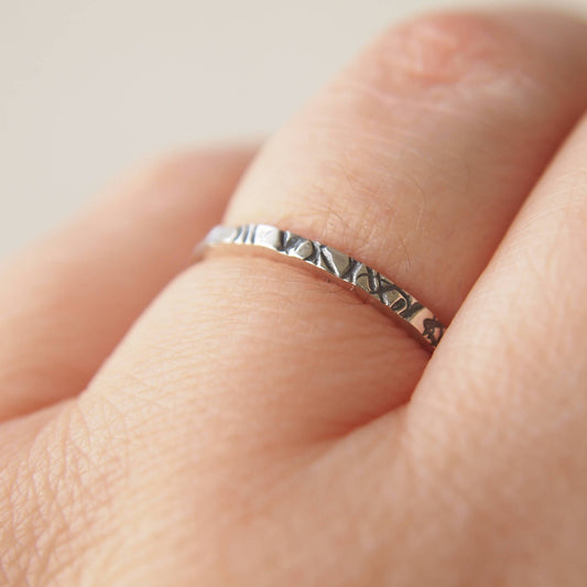 Silver plain band ring with lines pattern. ideal for stacking with other rings. Handmade in Scotland by maram jewellery