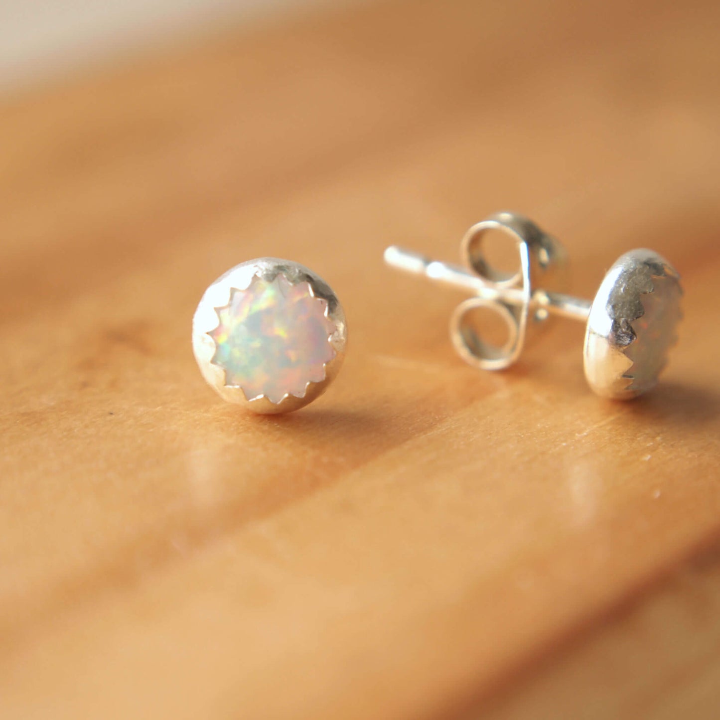 White Opal simple SIlver and gemstone earrings. October Birthstones with a white opal and a simple sterling silver setting, handmade by maram jewellery in edinburgh scotland UK