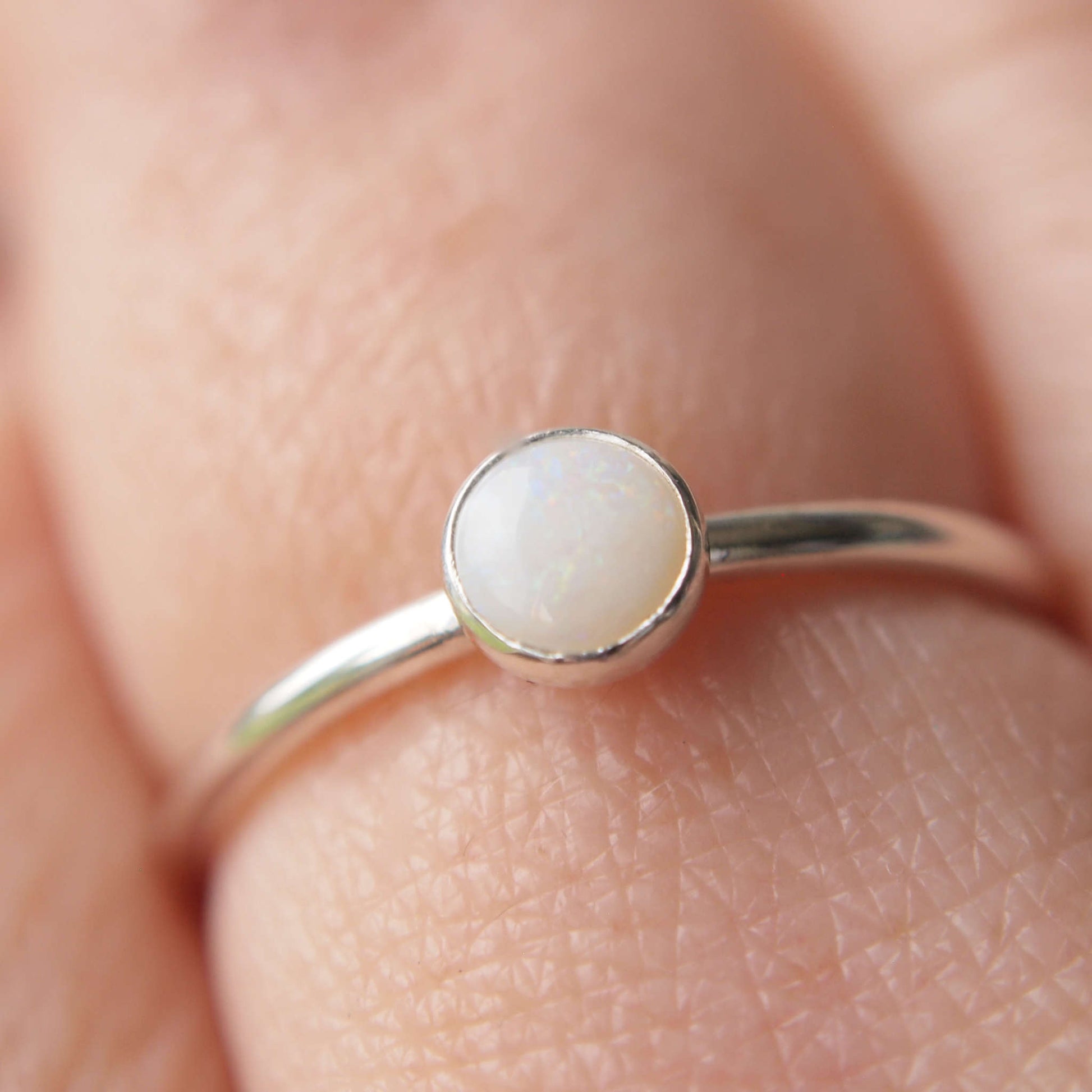 White Opal modern solitaire ring in Sterling Silver. Jewellery Handmade in Scotland UK by maram jewellery