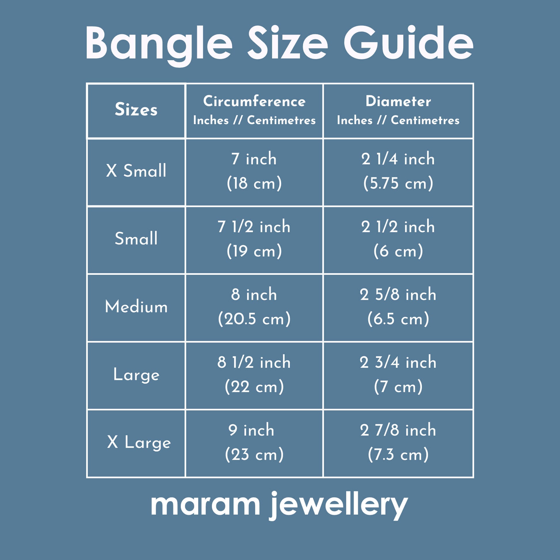 Bangle size infographic with size of maram jewellery bangles. In circumference: Small is 7.5 inch, Medium is 8 inch, Large is 8 1/2 inch and Extra large is 9 inch. 