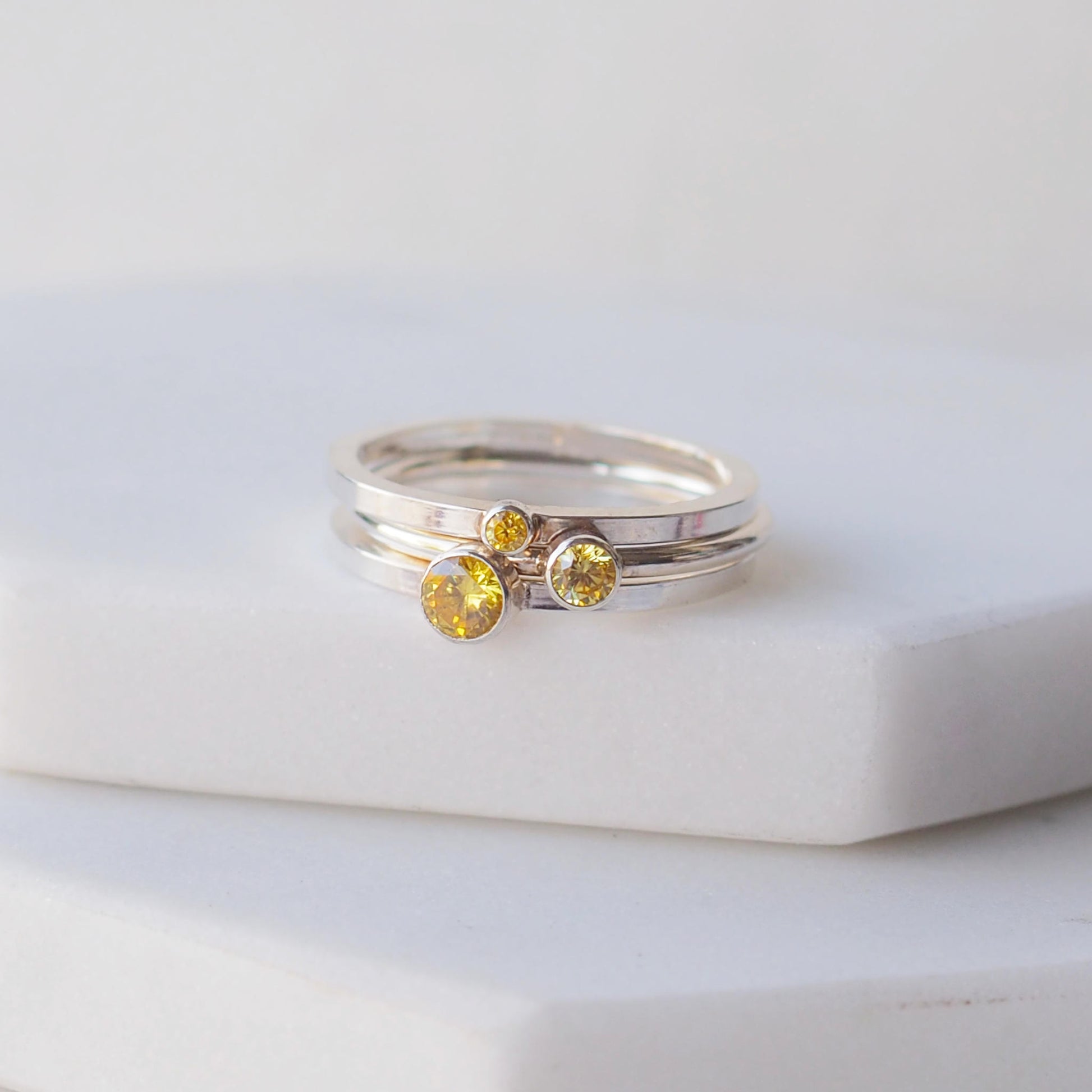Set of three cubic zirconia rings in varying sizes handmade by maram jewellery in Scotland