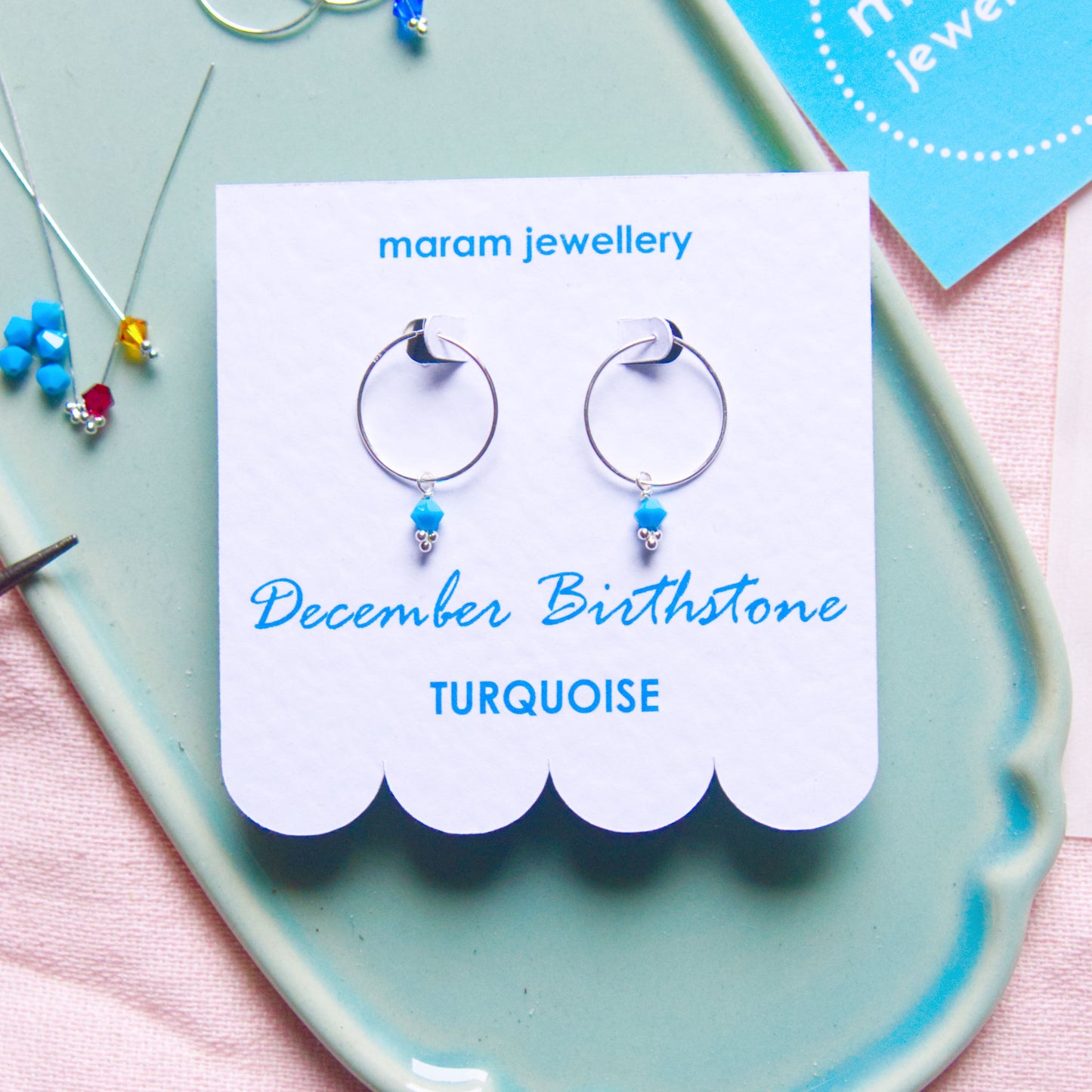 Silver Birthstone Hoops - December Turquoise