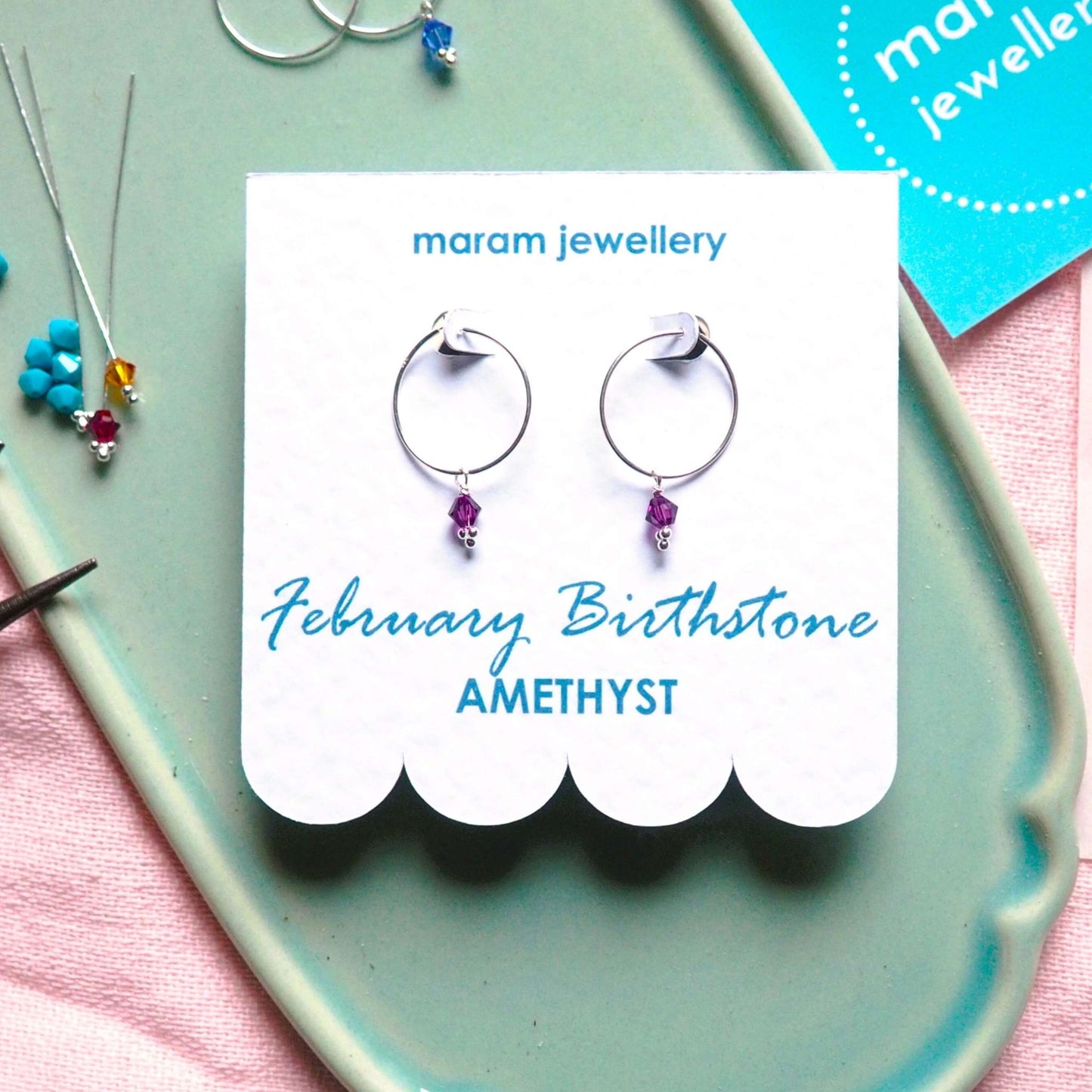 Silver Birthstone Hoops - February Amethyst