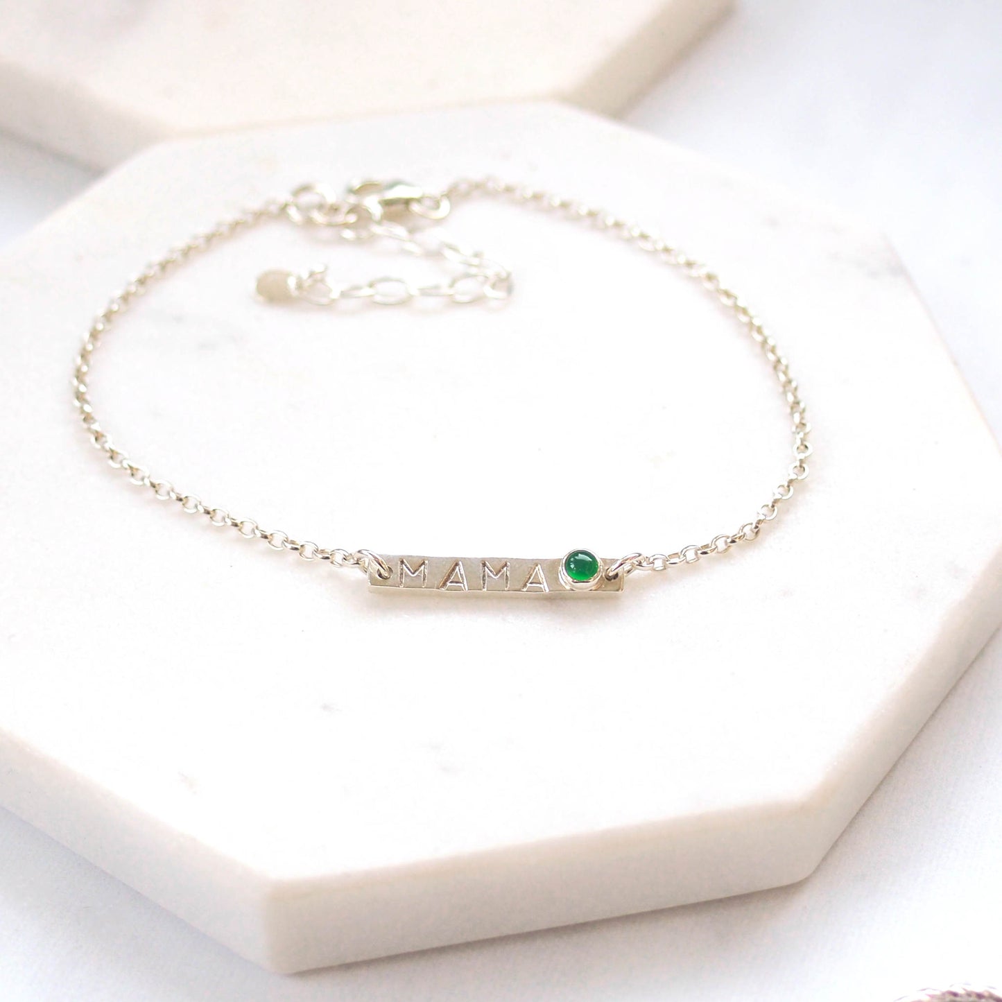 Silver Bar bracelet with hand stamped MAMA with a baby birthstone in February Amethyst. Handmade by maram jewellery in Scotland UK