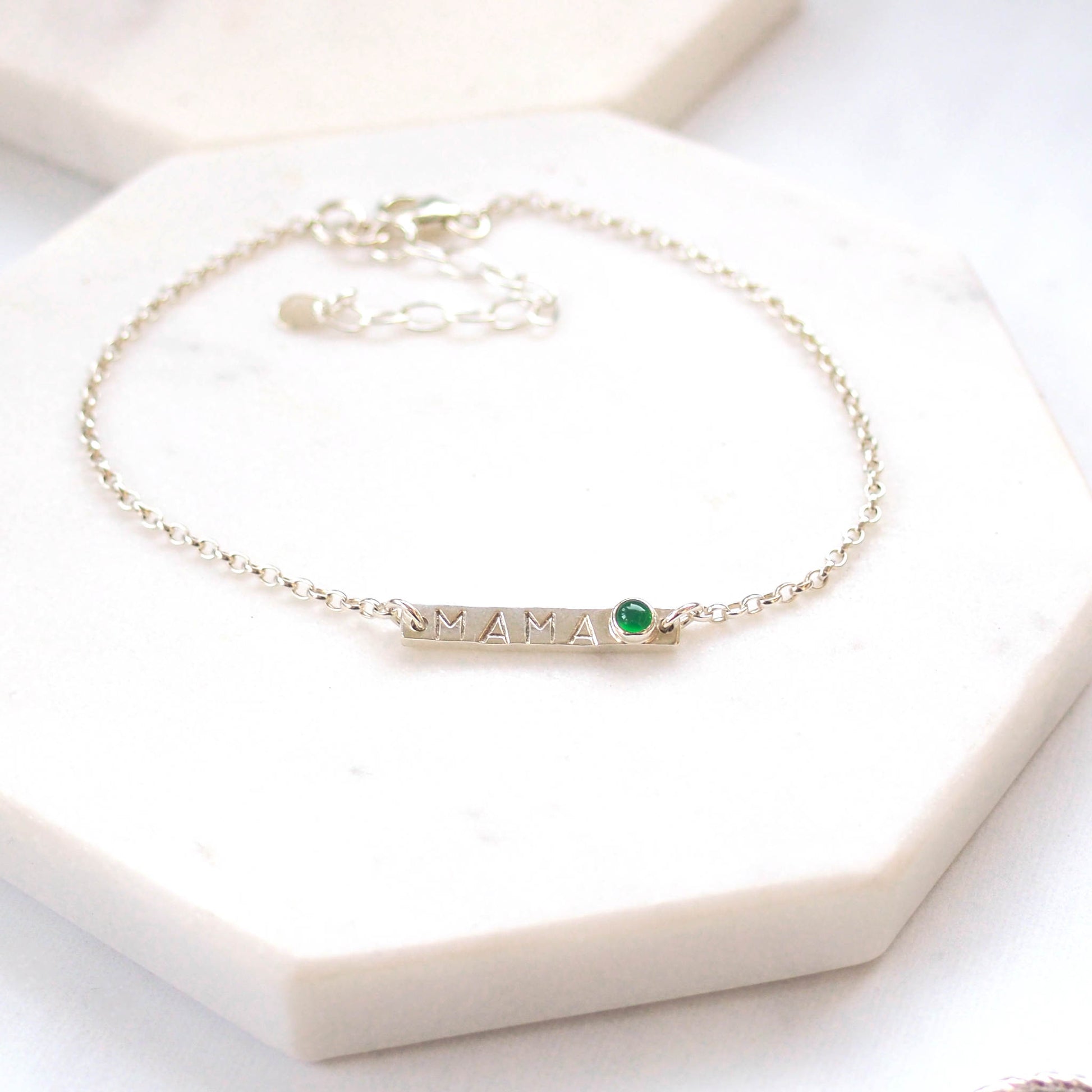 Silver Bar bracelet with hand stamped MAMA with a baby birthstone in February Amethyst. Handmade by maram jewellery in Scotland UK