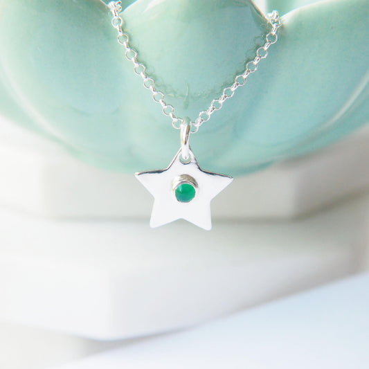May Birthstone Star charm in Sterling Silver with a green agate centre. Handmade in Scotland by maram jewellery