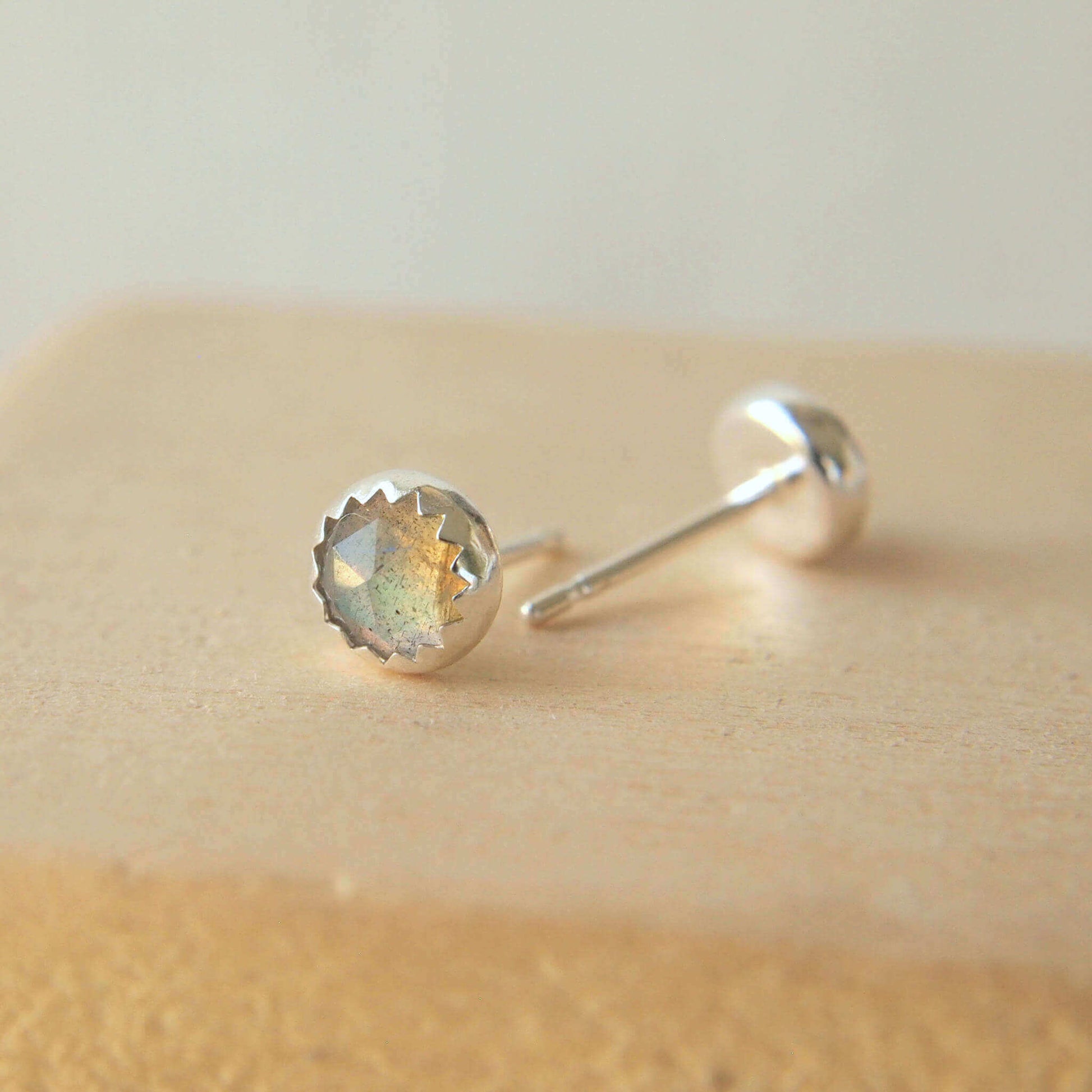 Sterling Silver and Labradorite gemstone earrings with a pair of facet cut labradorite hand crafted by maram jewellery in Scotland UK