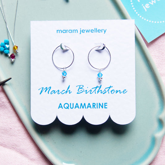 Silver Birthstone Hoops - March Aquamarine