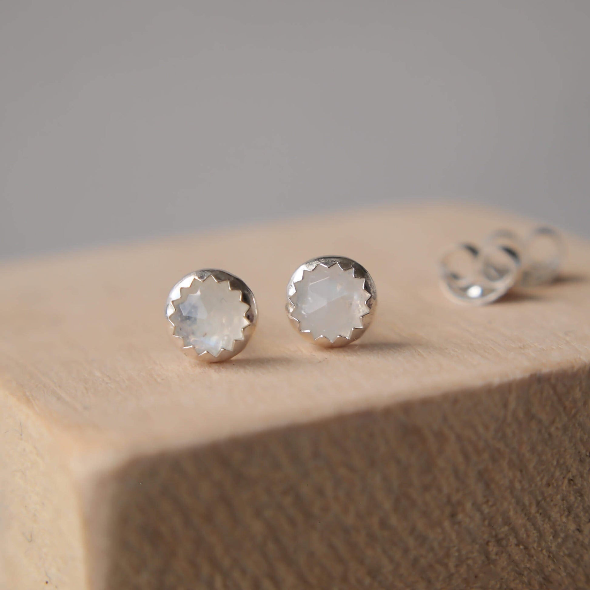 White moonstone simple Silver and gemstone earrings in a simple sterling silver setting, Birthstone for June handmade by maram jewellery in Edinburgh Scotland UK