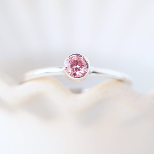 Tourmaline Pink Silver Ring - 4mm Cubic Zirconia Gemstone