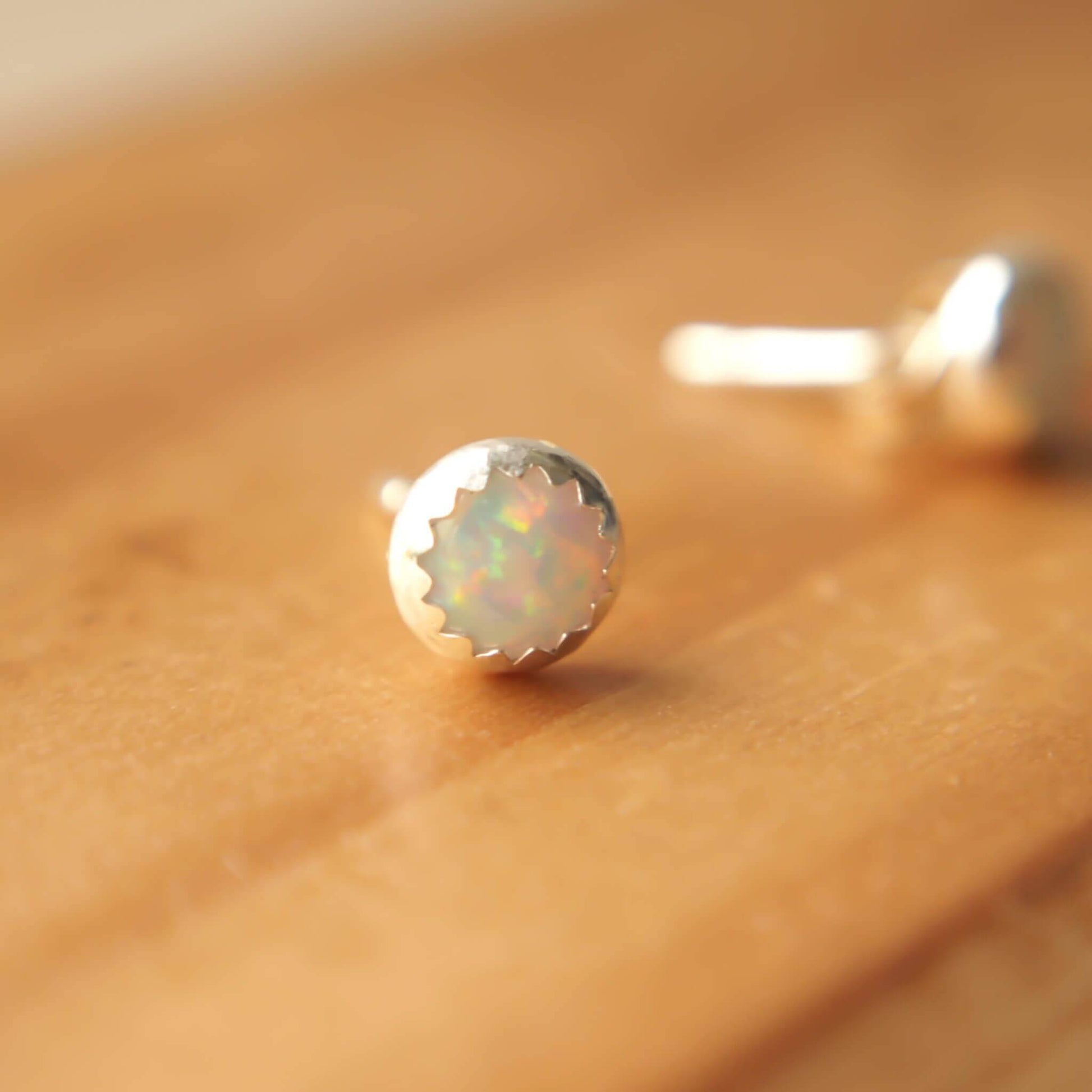 White Opal simple SIlver and gemstone earrings. October Birthstones with a white opal and a simple sterling silver setting, handmade by maram jewellery in edinburgh scotland UK