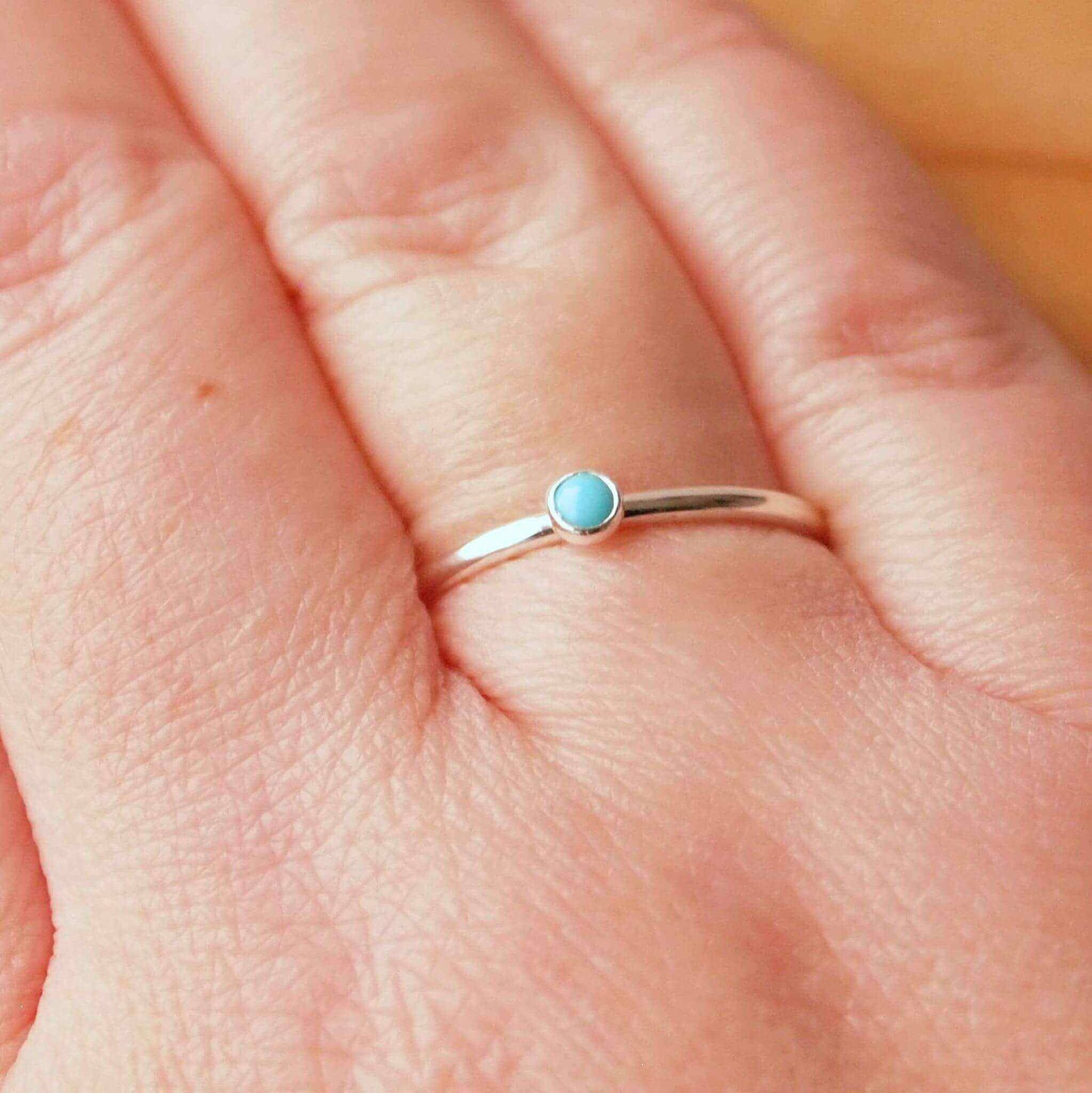 Turquoise Sterling Silver Gemstone ring with a round 3mm cabochon in Turquoise, Birthstone for December. Handmade in Scotland by maram jewellery
