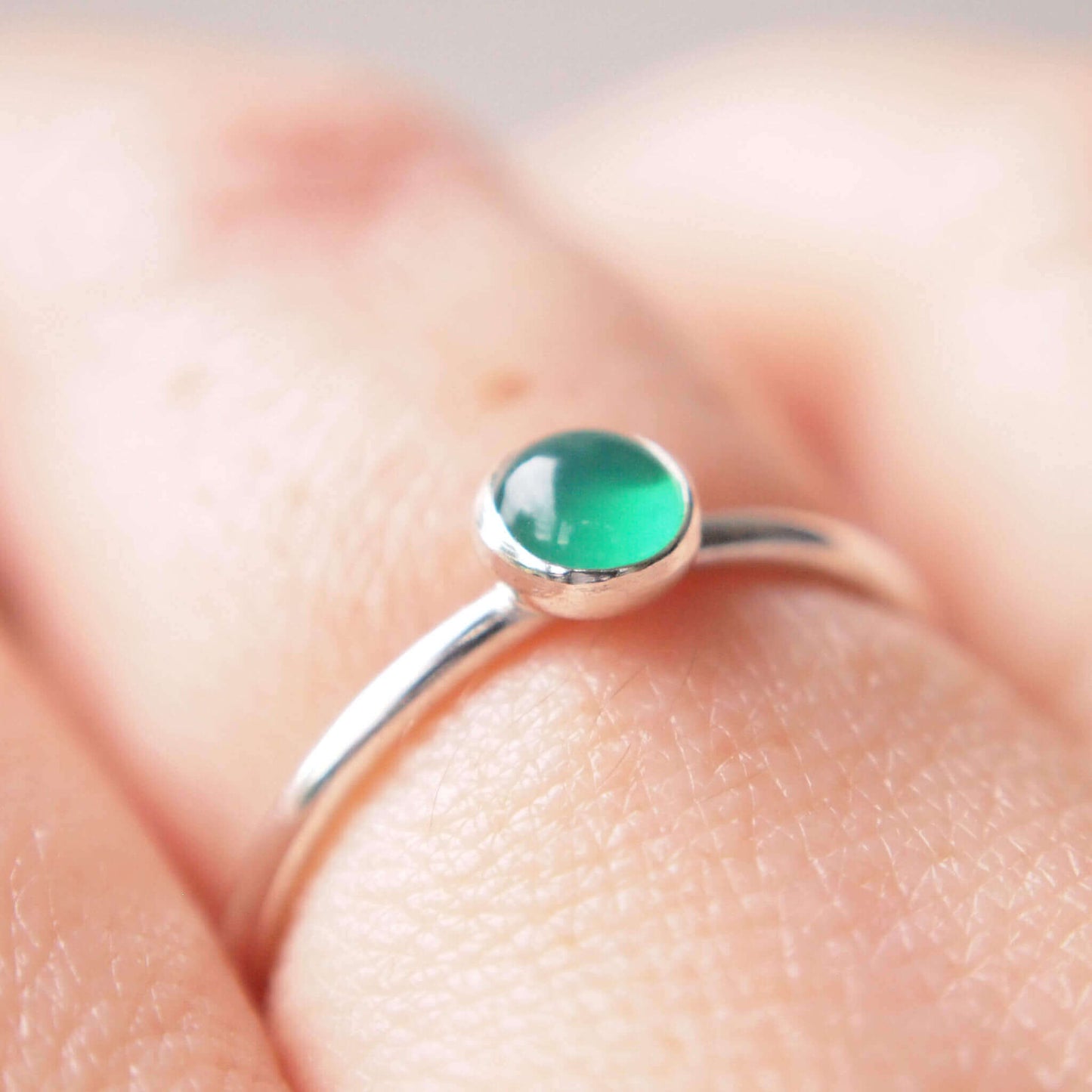 Green Agate Ring. A 5mm round cabochon emerald Green Agate, birthstone for May  set very simply onto a round band of sterling silver. handmade by maram jewellery in Scotland