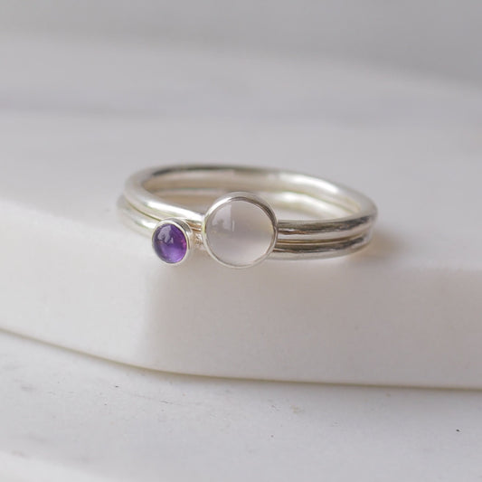 Two silver rings with moonstone and amethyst gemstones. Birthstones for June and February. Handmade to your ring size by maram jewellery in Scotland , UK