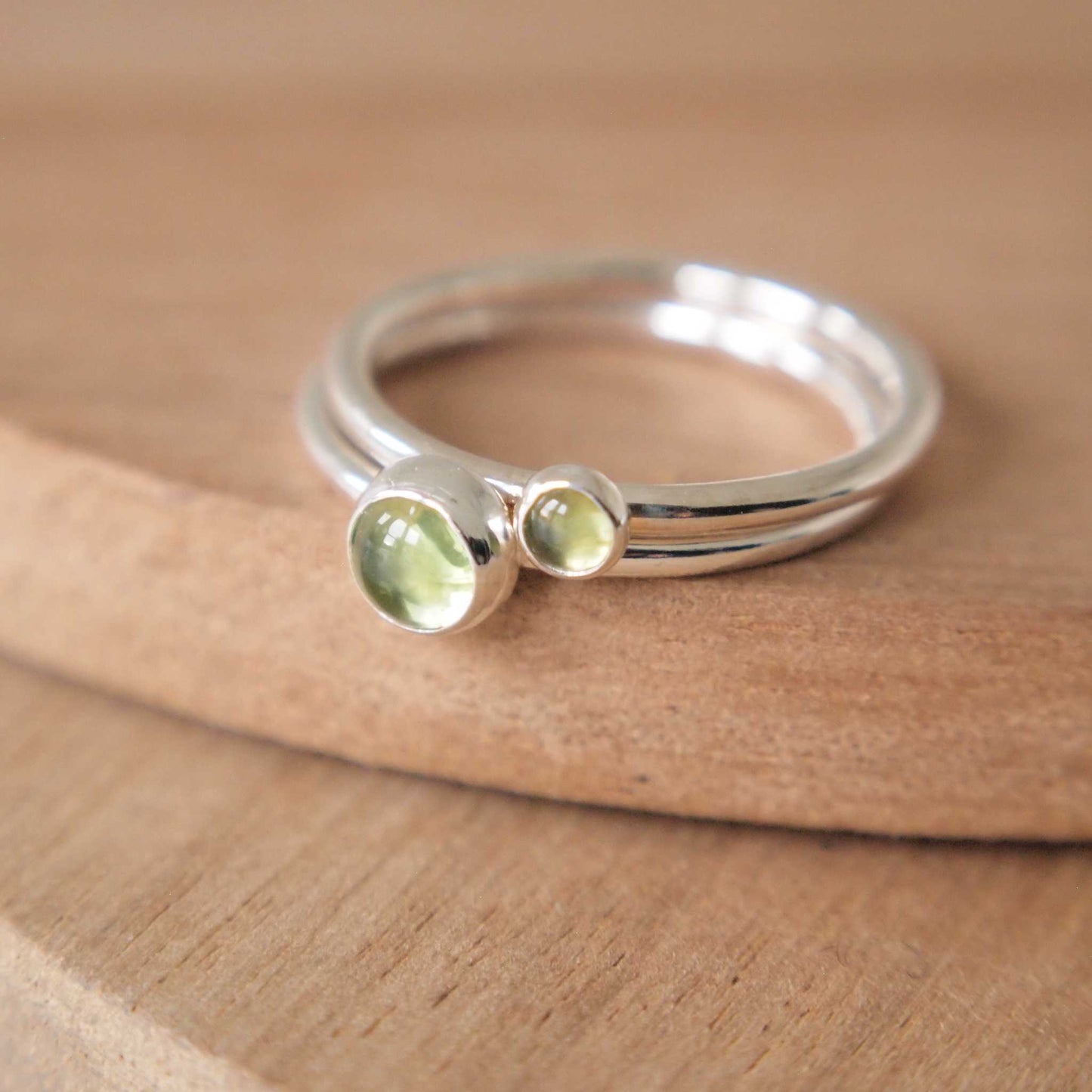 Peridot and Silver double ring set. Moss green round gemstone on silver bands in a 3mm and 5mm size. Handmade in Scotland by maram jewellery