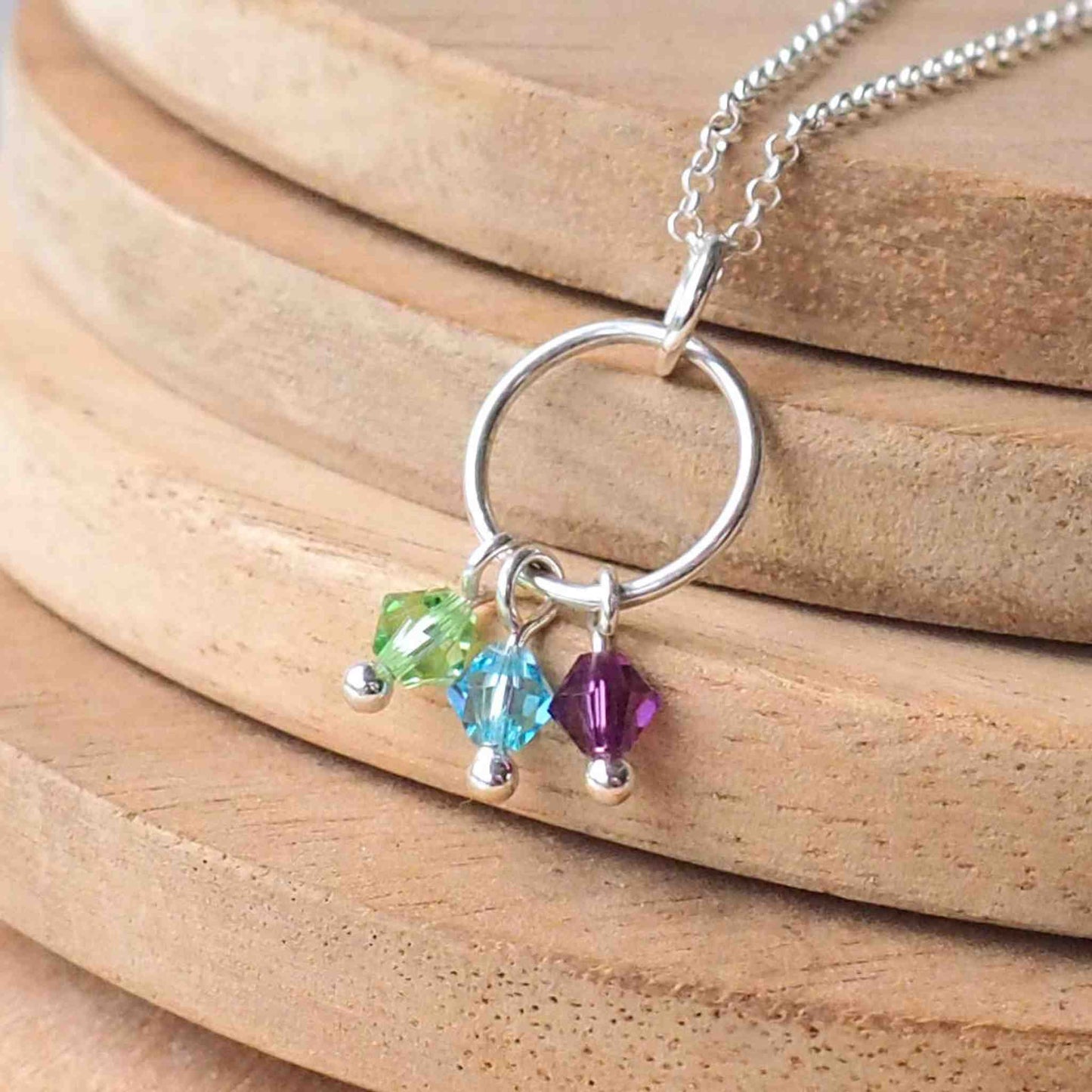 Silver Birthstone Crystal Necklace with three birthstones