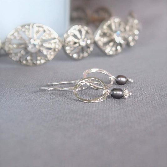 silver and black pearl dropper earrings