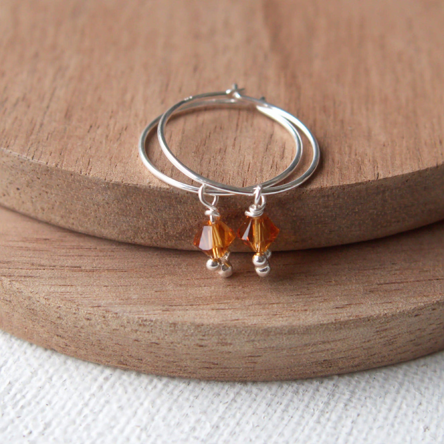 small simple hoops with birthstone crystal in yellow (November birthstone Citrine)