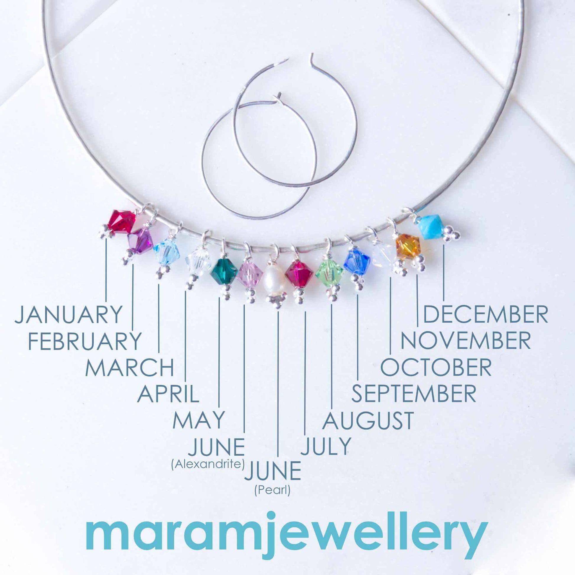 Colour chart graphic for maram jewellery's crystal birthstone Jewellery. A line of 4mm coloured crystals, each with text naming it's matching birth month on a white background