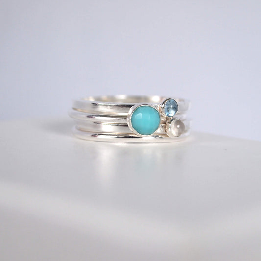 Turquoise, Moonstone and Blue Topaz Trio Ring Set. Handmade by maram jewellery in Scotland