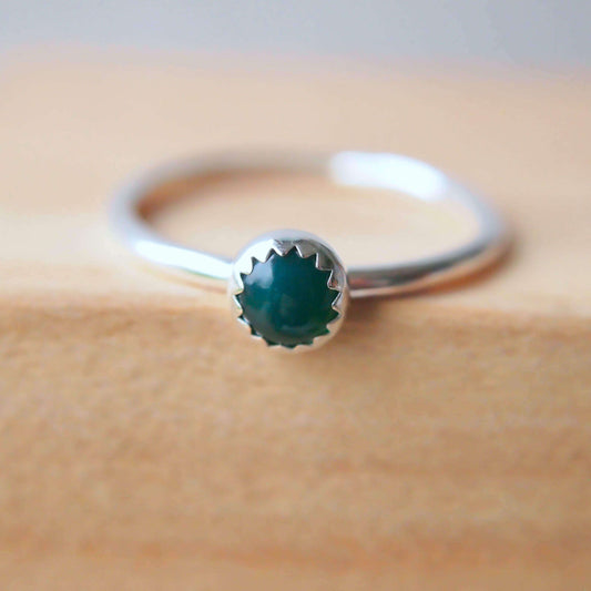 Green Agate Ring. A 5mm round cabochon emerald Green Agate, birthstone for May  set very simply onto a round band of sterling silver. handmade by maram jewellery in Scotland