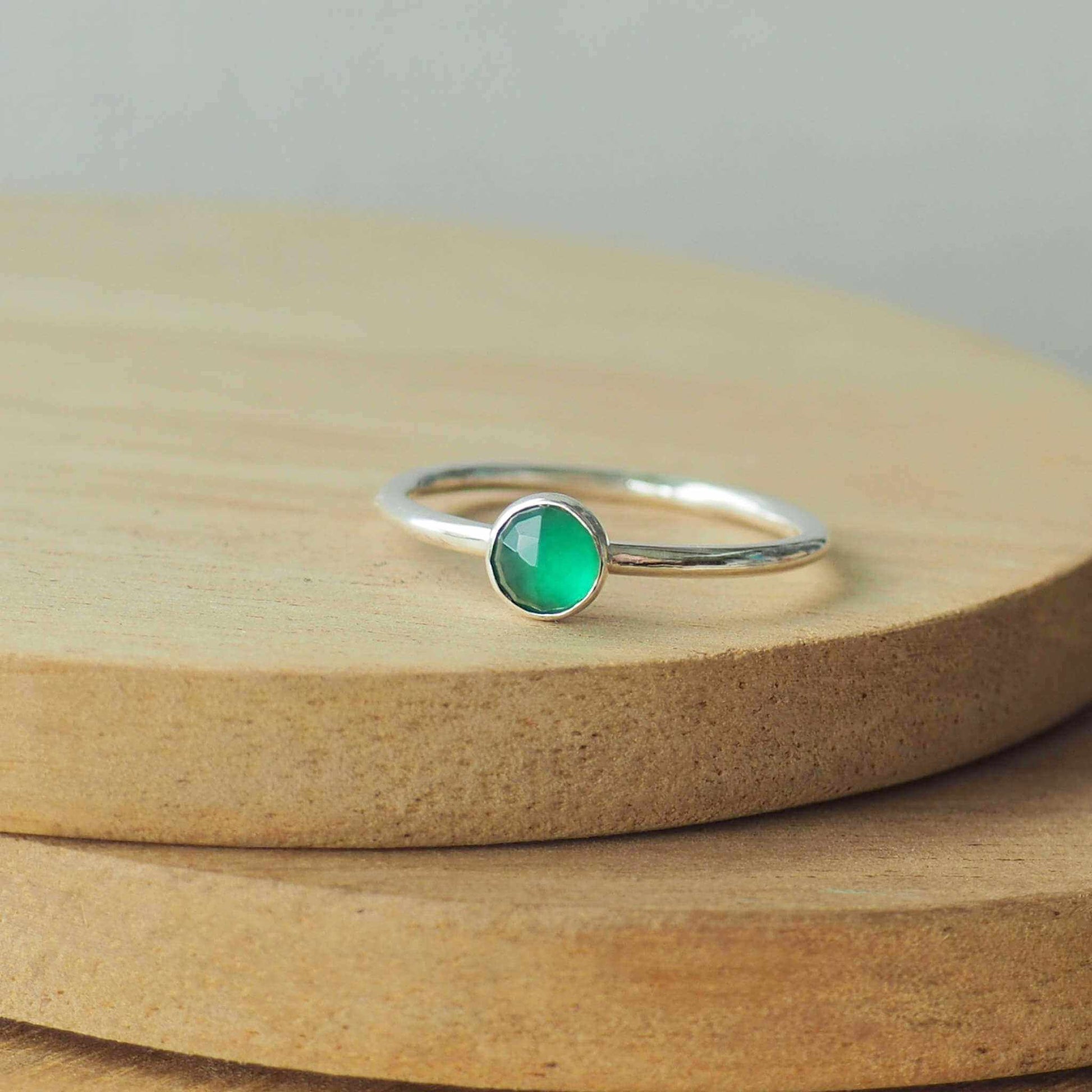 Green Agate Facet Cut Ring. A 5mm round cabochon emerald Green Agate, birthstone for May  set very simply onto a round band of sterling silver. handmade by maram jewellery in Scotland