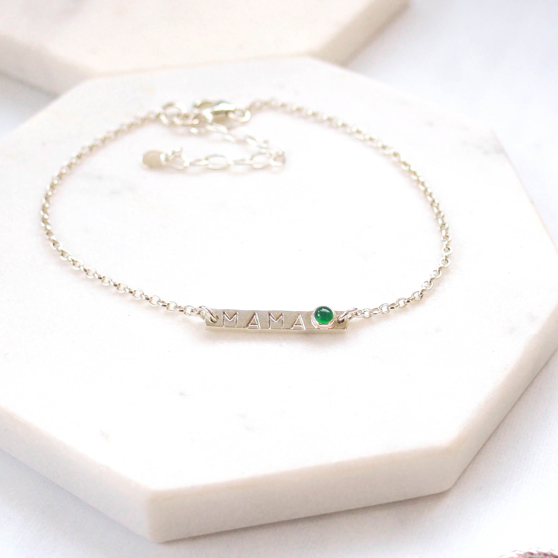 Silver Bar bracelet with hand stamped MAMA with a baby birthstone in May Green Agate. Handmade by maram jewellery in Scotland UK