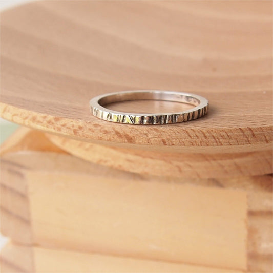 Silver plain band ring with lines pattern. ideal for stacking with other rings. Handmade in Scotland by maram jewellery