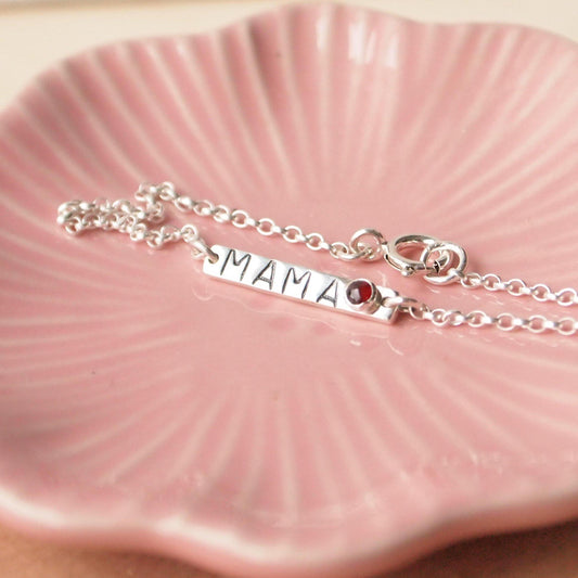 sterling silver bar bracelet with hand stamped 'mama' and birthstone (garnet)