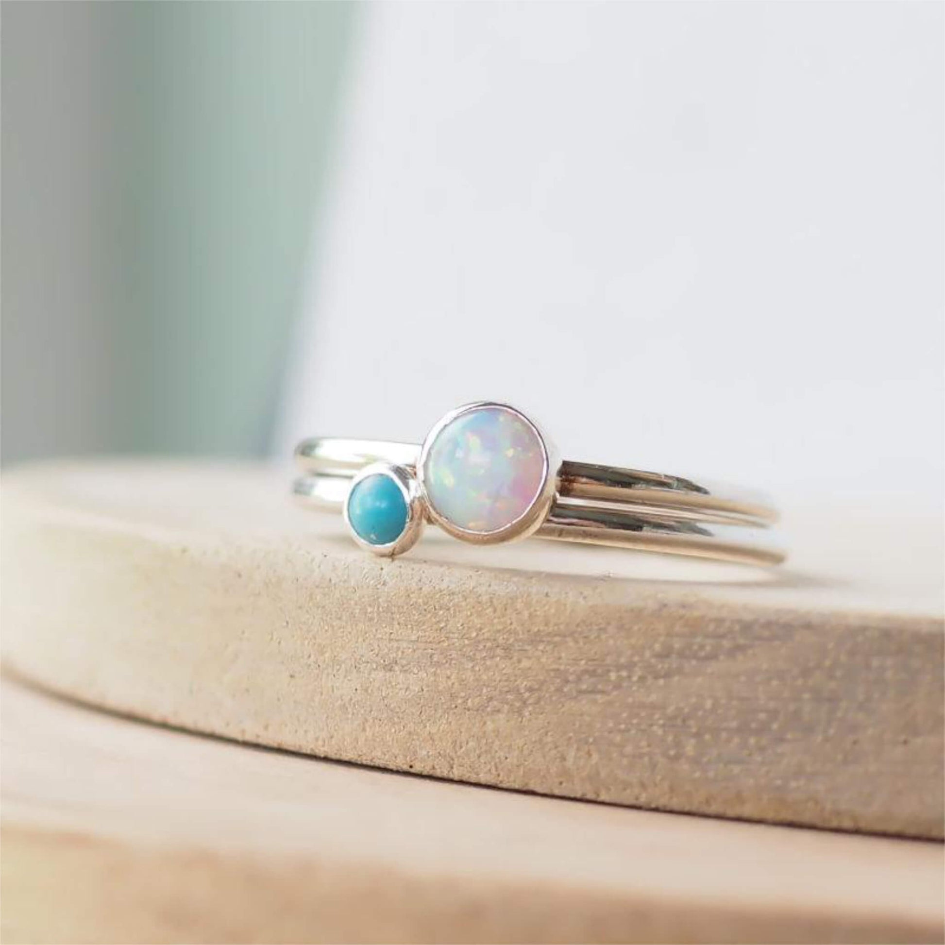 Lab Opal and Turquoise two silver ring set with birthstones for October and December.Hand made in Scotland by maram jewellery