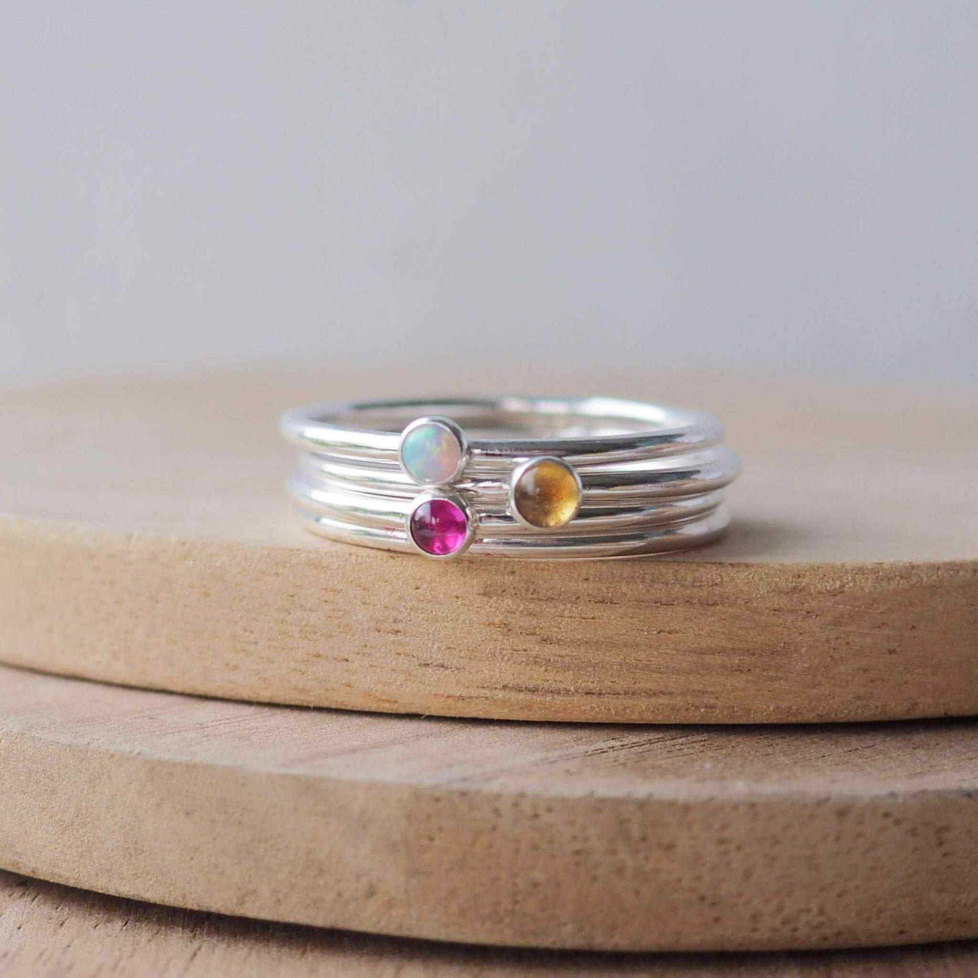 three mini birthstone stacker Rings Handmade by maram jewellery in Edinburgh