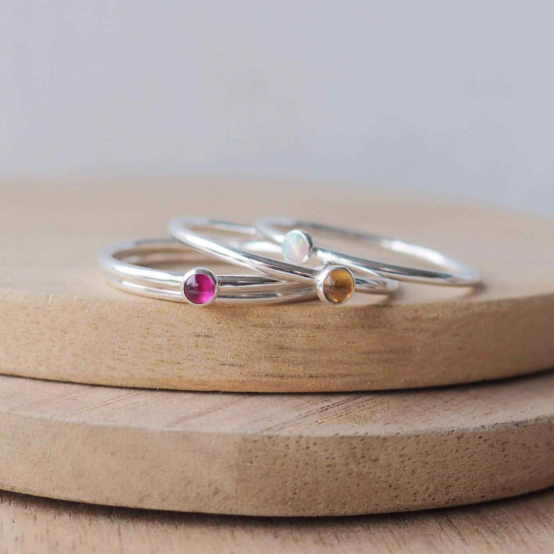 three mini birthstone stacker Rings Handmade by maram jewellery in Edinburgh