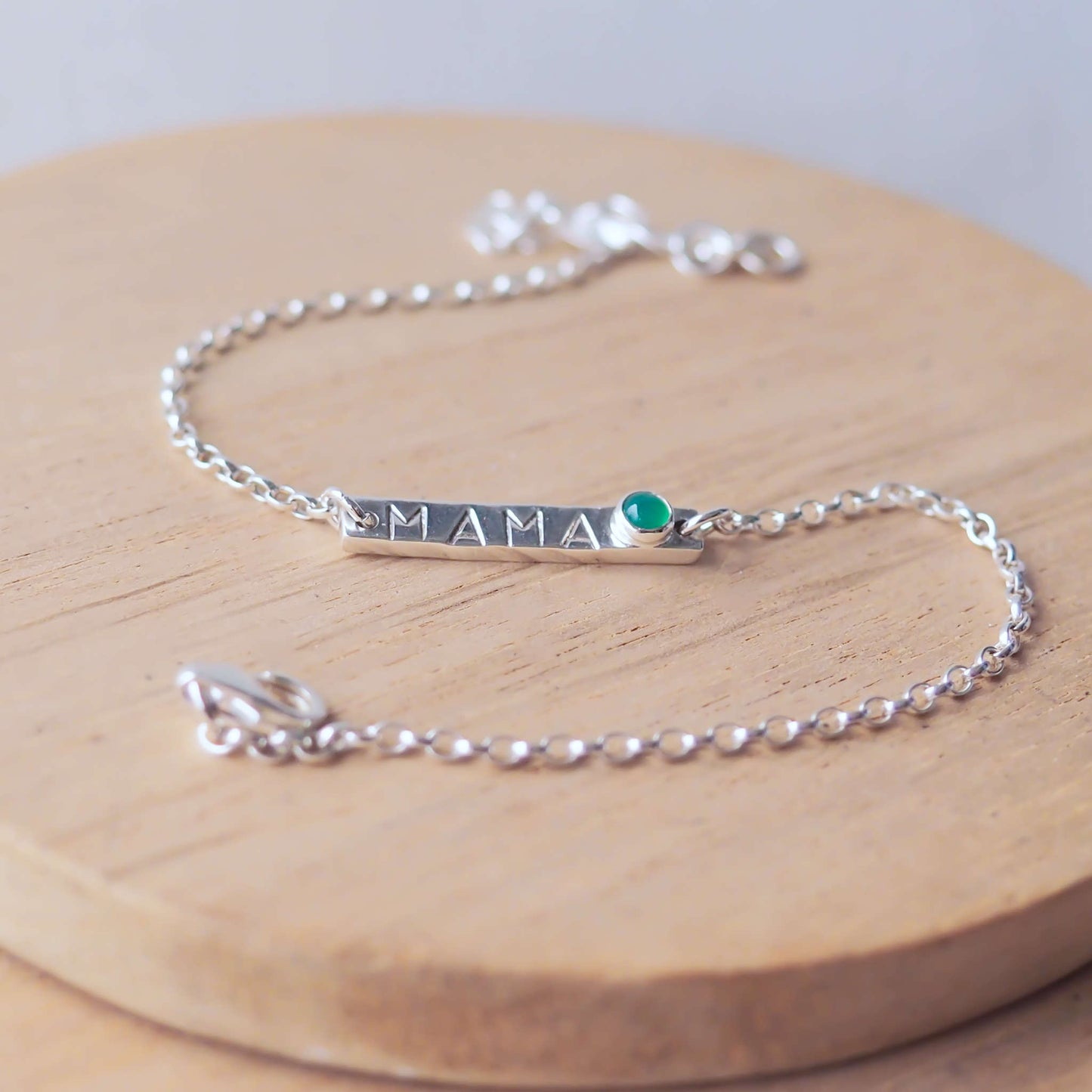Silver Bar bracelet with hand stamped MAMA with a baby birthstone in May Green Agate. Handmade by maram jewellery in Scotland UK