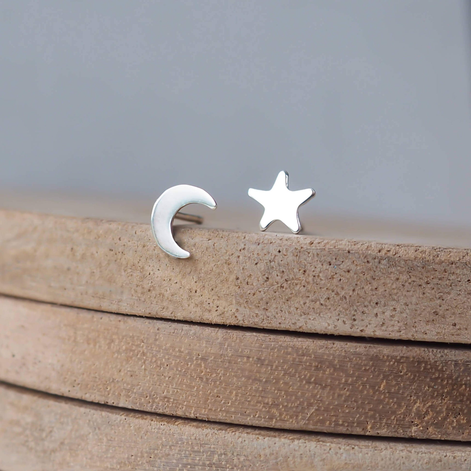 silver moon and star small stud earrings
